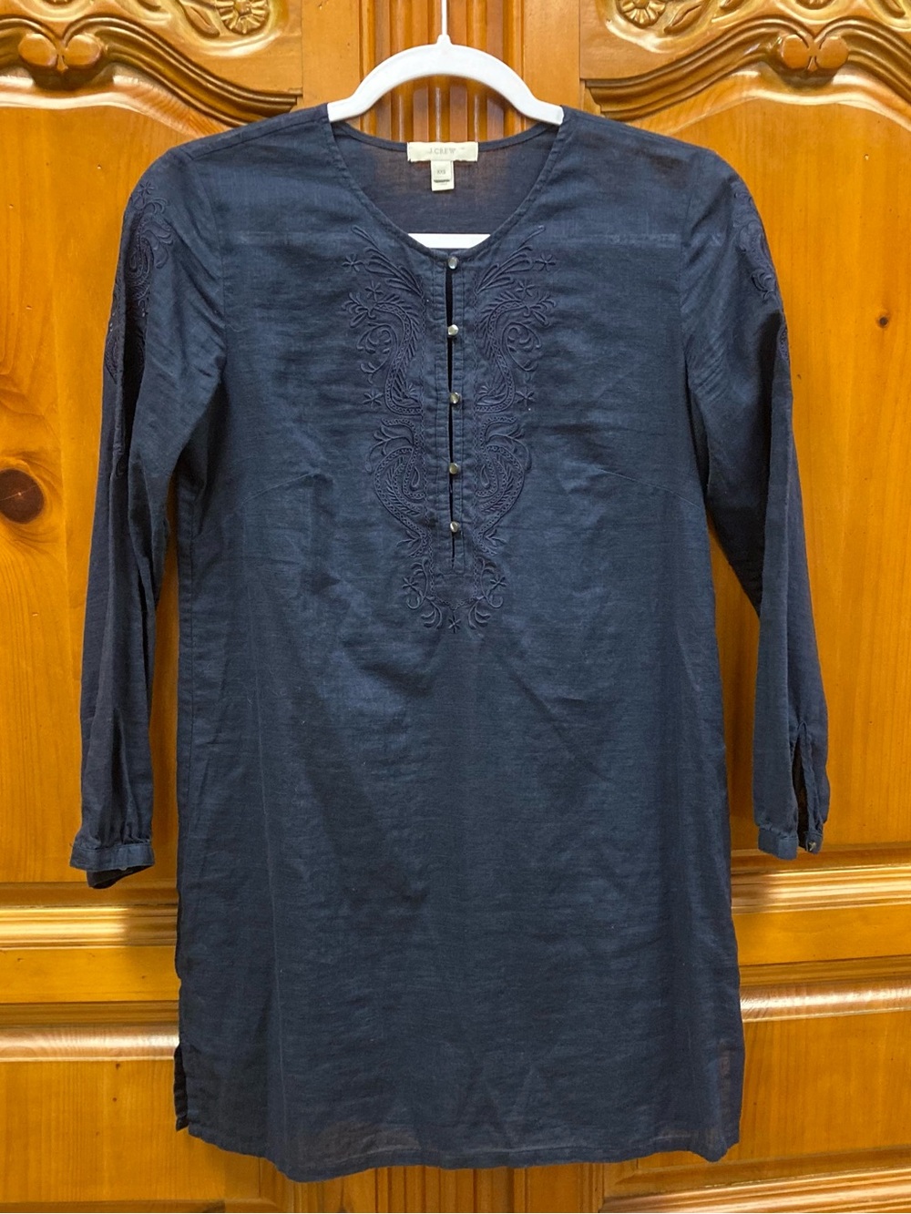 J. Crew embroidered navy tunic top cotton long sleeve XXS